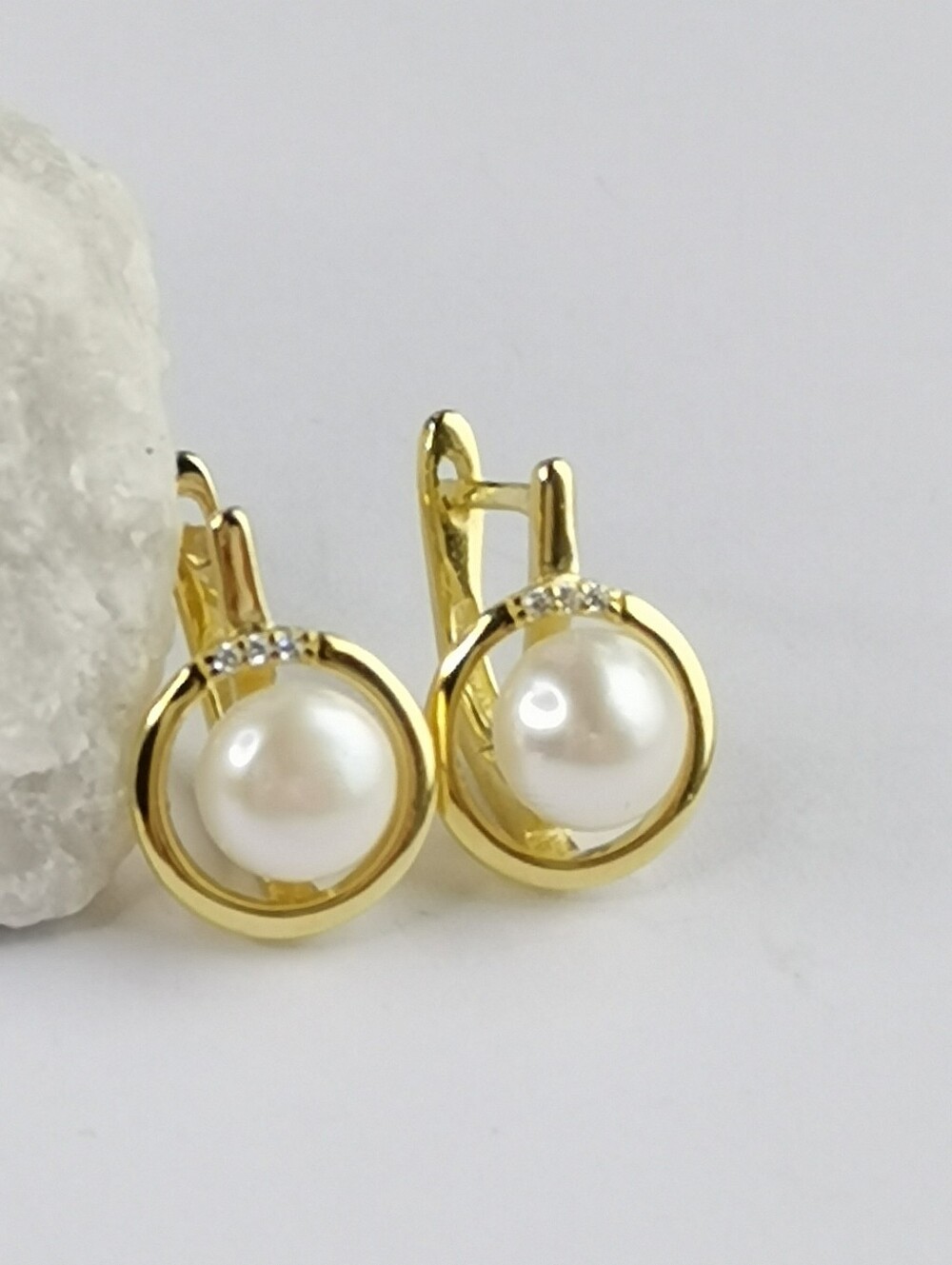 White Cultured Pearl Stud Leverback Earrings in 14k Gold on Sterling Silver 🆕